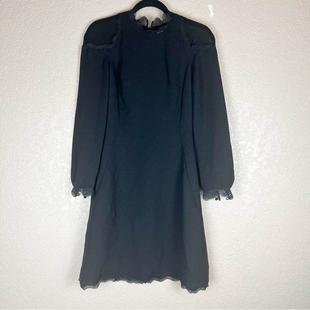 Reiss NWT black, lace neckline, bottom hem and sleeve sheer shoulder size 4